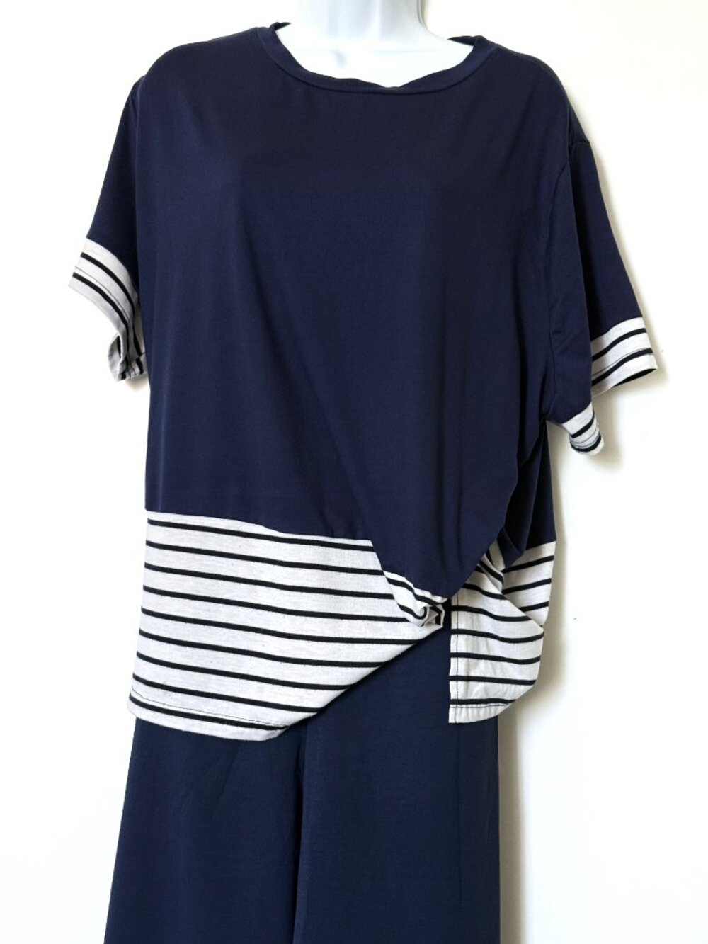Women's Navy Blue Polyester Short Sleeve Blouse Pants Set XL